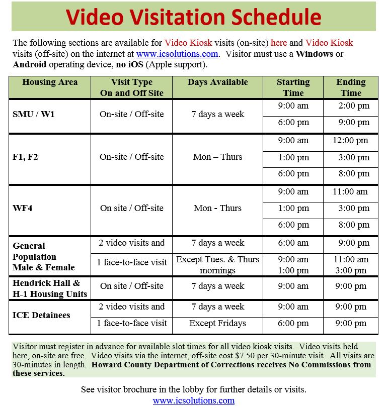 Video Visitation Schedule