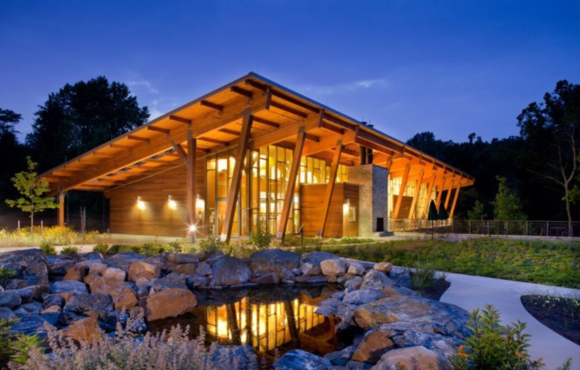 Robinson Nature Center at dusk with front pond