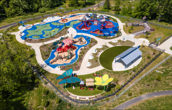 Aerial photo of new "play-for-all" playground at Blandair Regional Park.