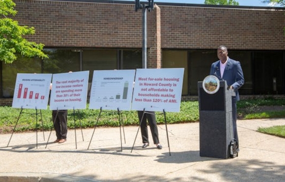 County Executive Calvin Ball speaks at press conference unveiling Housing Opportunities Master Plan and outlining new affordable housing initiatives.