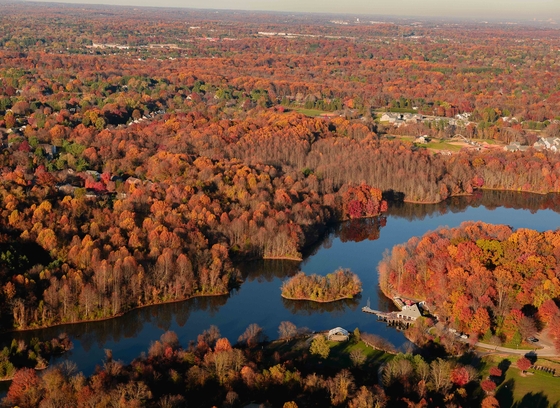 Aerial photo of Howard County nature with fall trees