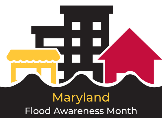 A drawing of a cityscape in Maryland colors of red, yellow, and black. The lower level of the buildings are flooded with water. Text reads "Maryland Flood Awareness Month".