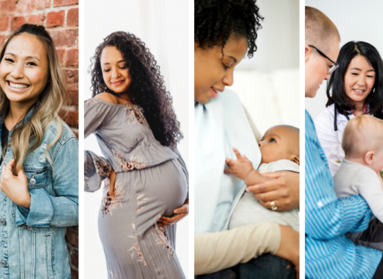 four panels of stages of maternal health: preconception, prenatal, postpartum and continuum of care