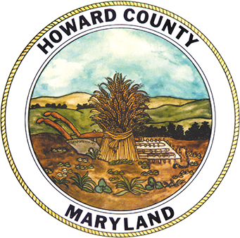 Seal of howard county, round emblem of landscape with wheat